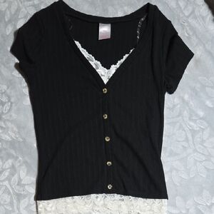 Black Ribbed Button Down Shirt with Lace Trim.
